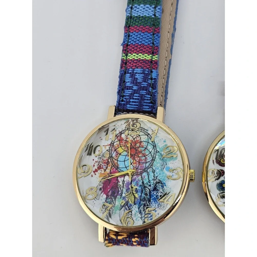 2X Women Watch 38MM Multicolor‎ Dial Multicolor Leather Fabric Bands NEW Battery